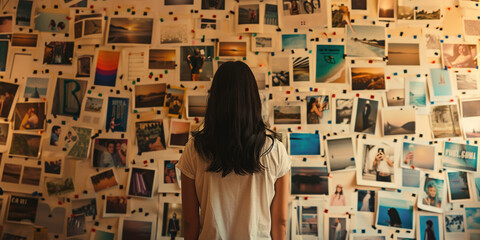Dreaming bucket list wish list of travelling or memories concept. Back of school girl kid child looking at the wall with posters photos on it