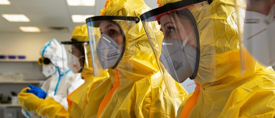 Sanitary team in biohazard suits, protection, intensive clean, safe