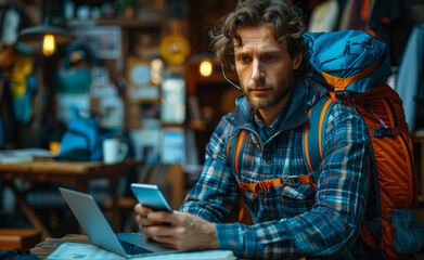 Fototapeta premium A man with a backpack is sitting at a table with a laptop and a cell phone