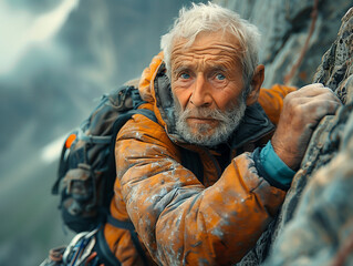 Obraz premium Man climbing up the side of a mountain. Generative AI