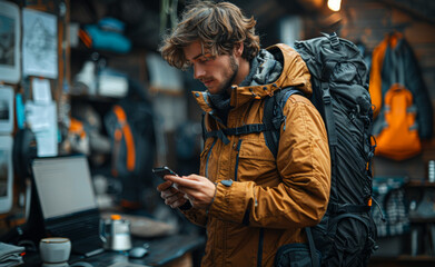 A man in a yellow jacket is looking at his phone while standing in front of a store with backpacks - obrazy, fototapety, plakaty