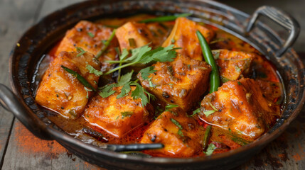 Authentic bangladeshi paneer curry garnished with fresh herbs in a rustic bowl