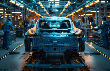 A car is being built in a factory. The workers are wearing blue and white. The car is on a conveyor belt