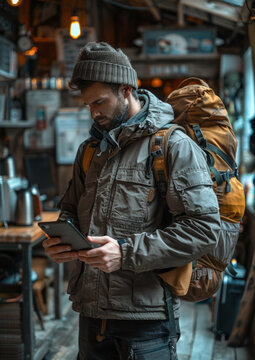 A man wearing a brown jacket and a hat is looking at his phone. He is carrying a backpack and a handbag