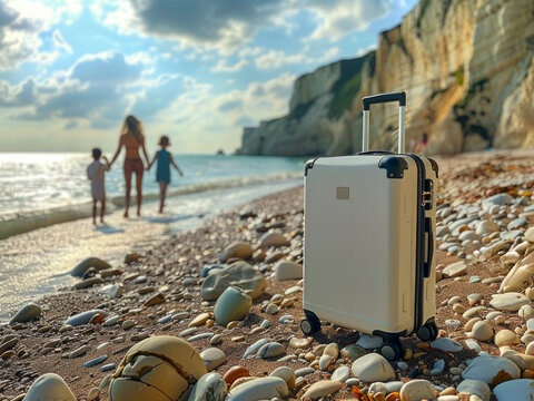 A White Suitcase Is On A Beach With A Woman And Two Children Walking Behind It. Concept Of Relaxation And Leisure, As The Family Is Enjoying A Day At The Beach