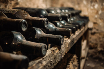 Vintage bottles of expensive quality wine stored in a vintage cellar showcase - obrazy, fototapety, plakaty