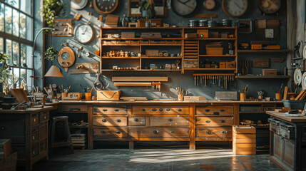 Room filled with wooden furniture and numerous clocks. Generative AI