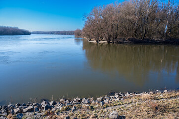 View of confluence of Danube and Morava rivers.