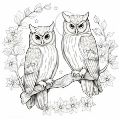 Two owls perched on branch with leaves. Generative AI
