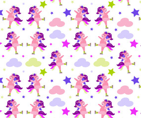  Seamless pattern with cute Cute pink Unicorn in rollers.  Children  print sweet pastel color. Cute baby background.  For packaging, shop, textile, nursery prints. Vector hand drawn flat illustration.