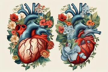 Graphic illustration with anatomic heart and flowers. Poster design healthy in hospital