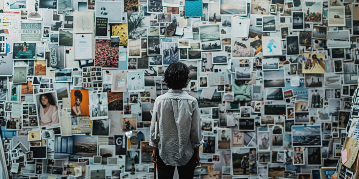 Back of school boy kid child looking at the wall with posters photos on it. Dreaming bucket list wish list of travelling or memories concept