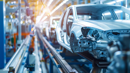 Obraz premium Workers in a modern automotive factory assembling electric vehicles on the production line.