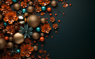 Various balls and flowers arranged on a black background. Generative AI