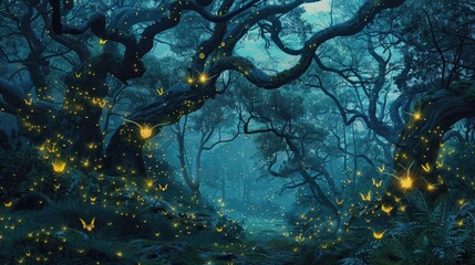 A mesmerizing swarm of fireflies, illuminating the night sky with their ethereal glow as they dance among the branches of ancient oak trees in a secluded forest clearing. - Powered by Adobe