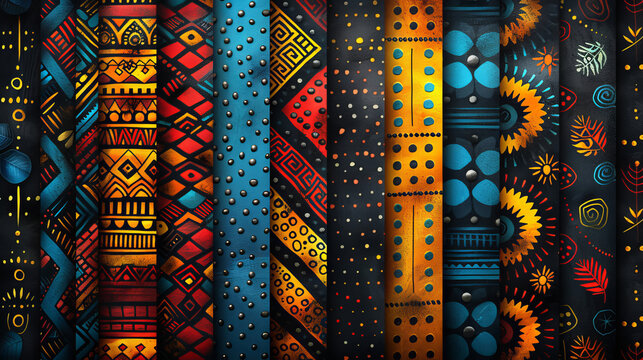 Fototapeta Tribal, African art and texture with abstract for cultural mural, painting or colorful pattern. Creative, print and geometric shapes by dark background with design, illustration or drawing icon.