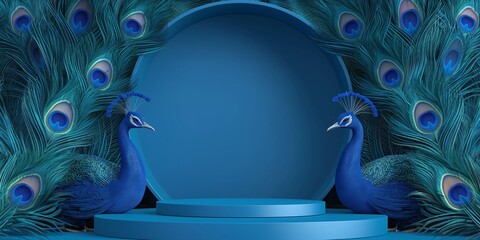 Shiny blue luxury product display podium on gorgeous peacock feathers blue backgrounds, product showcase mock up with copy space, for Diwali Festival Diwali or Deepavali, cosmetic product curation. - obrazy, fototapety, plakaty