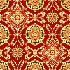 A red and gold patterned wallpaper with a flower design. The pattern is intricate and ornate, giving the room a luxurious and elegant feel. Generative AI
