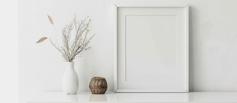 White desk with a picture frame and a small round vase holding a decorative twig, placed against a white wall.