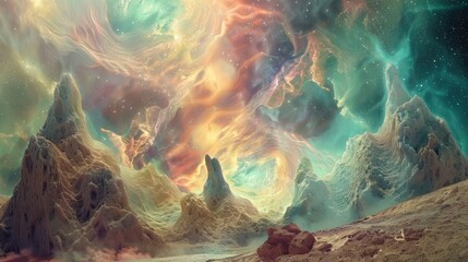 A mesmerizing view of an alien landscape, with swirling clouds of colorful gases and strange rock...