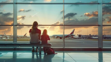 A woman and a child are sitting on a bench at an airport