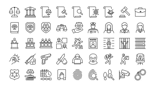 Law and Justice line icons set. Includes Court, Inspector, Lawyer, Guilty, Arrest, and More.