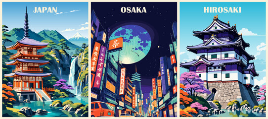 Set of Japan Travel Destination Posters in retro style. Osaka night city, Hirosaki Castle, Nach Fall digital prints. Exotic summer vacation, holidays concept. Vintage vector colorful illustrations. - obrazy, fototapety, plakaty