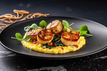 Gourmet Seared Scallops over Risotto and Spinach - 788487579