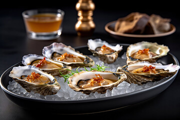 Big fresh oysters on a plate with ice - 788488130