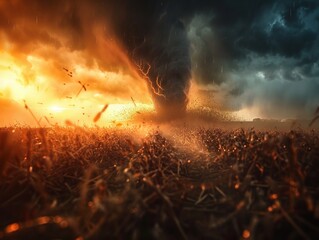 Tornado tearing through field, high contrast, dramatic lighting, wide shot, 