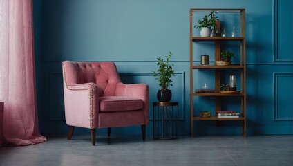 The interior has a pink armchair on empty blue wall background.