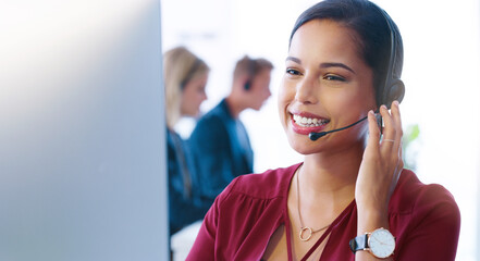 Happy virtual assistant, headset or woman in call center for customer service, tech support or...