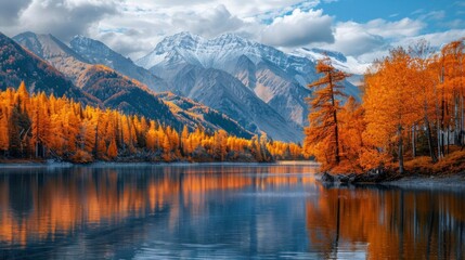 landscape of a lake with large mountains and orange trees in autumn in high resolution and high quality HD