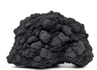 Close-up of a porous black volcanic rock on a white background