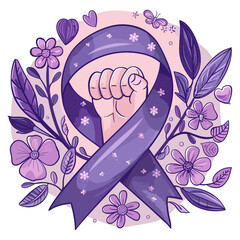 symbol of unity and determination in the face of cancer. A hand forms a fist and holds a purple ribbon, surrounded by soft pink flowers