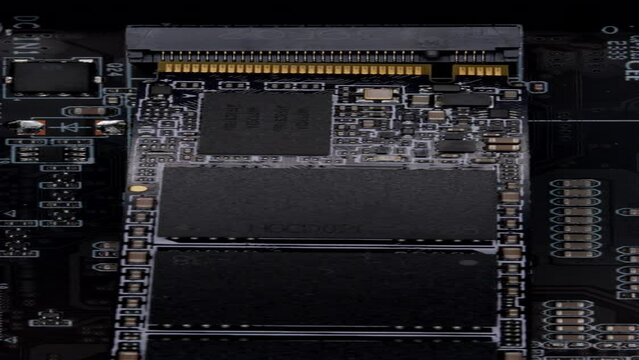 The MSATA nvme M2 connector for connecting fast modern SSD data drives to the computer's motherboard, close-up. 