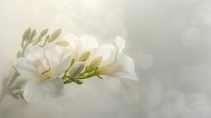 Fototapeta na wymiar A vibrant white freesia blossom shines against a backdrop of misty grey