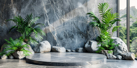 empty green marble podium with tropical plants and rocks on a concrete background for a product presentation mock up,.empty Stone podium scene summer background	
