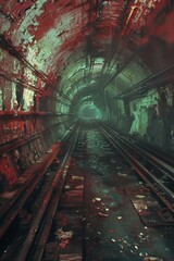 Fototapeta na wymiar Dive into the surreal world of urban decay with a glitch art reinterpretation of a rundown subway tunnel