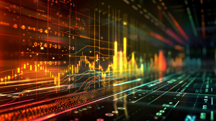 Fototapeta premium Vibrant digital landscape featuring abstract financial graphs and data visualizations, symbolizing market trends and analytics in a futuristic style.