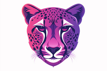 An eye-catching cheetah face icon in contrasting shades of vibrant purple and electric pink, with clean and modern lines. Isolated on a white background.