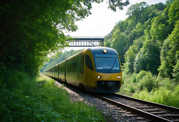 Naklejka premium eclectic train in motion, through jungle 