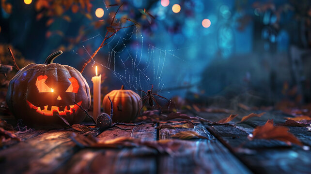 carved pumpkin lantern illuminates a mystical Halloween holiday with autumn leaves, a spider, and webs on aged wooden table background.