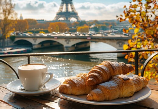 Photo of croissants and coffee on table with view to eiffel tower