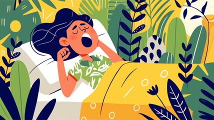 Flat illustration of a young lady waking up on a plant and nature world from her bed
