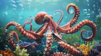 Fototapeta na wymiar octopus spreads its tentacles wide marine ocean underwater life, coral reef background natural scene.