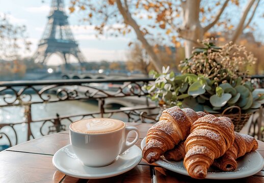 Photo of croissants and coffee on table with view to eiffel tower