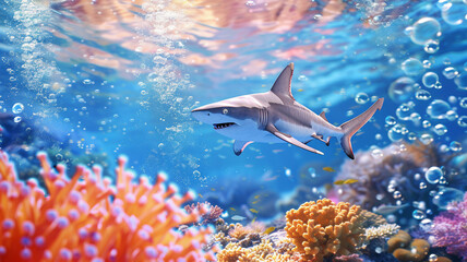 dynamic scene of a shark navigating the underwater realm, surrounded by a vibrant coral reef...