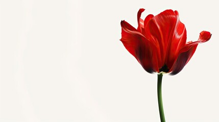 A striking red tulip blossom stands out against a pristine white backdrop
