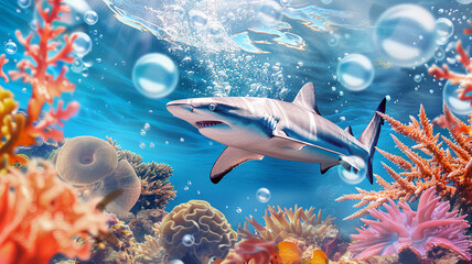 dynamic scene of a shark navigating the underwater realm, surrounded by a vibrant coral reef...